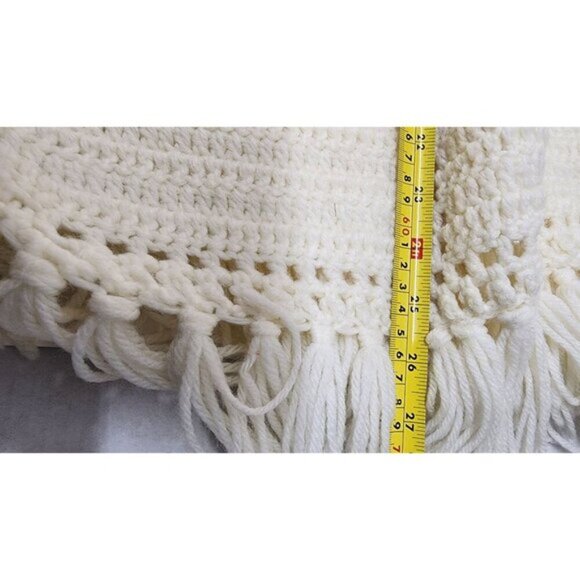 Handmade Wool Blend Crochet Cape With Fringe Trim & Button Closure - Picture 3 of 10